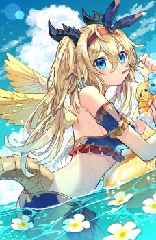 Rule 34 | 1girl, absurdres, bikini, blonde hair, blue bikini, buoy, curled horns, dragon tail, feathered wings, flower, food, headband, highres, horns, kuuron (moesann17), looking at viewer, mariel (p&amp;d), ocean, parfait, puzzle &amp; dragons, red headband, solo, swimsuit, tail, twintails, wings, yellow wings