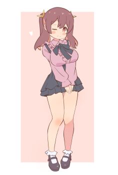 1girl ;) bare_legs black_shoes black_skirt blush_stickers bobby_socks breasts brown_eyes brown_hair center_frills commentary dot_nose frills full_body hair_between_eyes heart highres jirai_kei large_breasts long_hair long_sleeves looking_at_viewer mary_janes multicolored_hair murosaki_miyo one_eye_closed onii-chan_wa_oshimai! panties pantyshot pink_background pink_shirt pon_sugar red_hair shirt shoes simple_background skirt smile socks solo standing suspender_skirt suspenders twintails two-tone_hair underwear v_arms white_socks