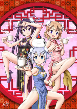 3girls blue_eyes blue_hair brown_hair china_dress chinese_clothes commentary_request dress gochuumon_wa_usagi_desu_ka? high_heels highres hoto_cocoa kafuu_chino mark2u multiple_girls panties purple_eyes purple_hair side-tie_panties tedeza_rize tippy_(gochiusa) underwear