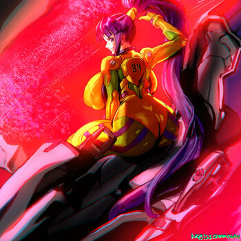 1girl ass blunt_bangs breasts cockpit eiken entry_plug hand_in_own_hair highres huge_ass huge_breasts keigi long_hair looking_at_viewer mecha_pilot_suit misono_kirika neon_genesis_evangelion plugsuit_(evangelion) ponytail purple_eyes purple_hair red_theme sideboob sidelocks sitting solo very_long_hair