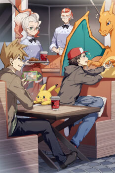 1girl 3boys 88_(einnimnech) alternate_costume apron black_pants blue_oak brown_hair brown_jacket charizard commentary_request croissant cup day disposable_cup food gen_1_pokemon gen_4_pokemon griselle_(pokemon) grisham_(pokemon) highres jacket multiple_boys nintendo notice_lines outdoors pants pikachu pokemon pokemon_(creature) pokemon_legends:_z-a red_(pokemon) rotom rotom_phone shoes short_hair sitting sparkle spiked_hair table waist_apron waitress