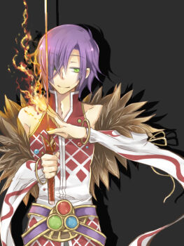 1boy argyle_clothes argyle_shirt bangle belt bracelet closed_mouth commentary_request detached_sleeves eyes_visible_through_hair fingernails fire green_eyes grey_background hair_between_eyes hair_over_one_eye holding holding_sword holding_weapon jewelry kusa_(kusa_op) long_bangs looking_at_viewer male_focus purple_belt purple_hair pyrokinesis ragnarok_online shadow shirt short_hair simple_background smile solo sorcerer_(ragnarok_online) sword upper_body weapon white_shirt white_sleeves