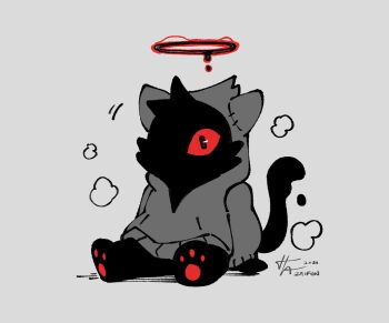 animal_ears animal_hands artist_name artist_self-insert black_halo cat_ears cat_paws cat_tail colored_sclera full_body grey_background grey_hoodie halo hood hood_up hoodie original red_halo red_sclera signature simple_background sitting tail za1f0n