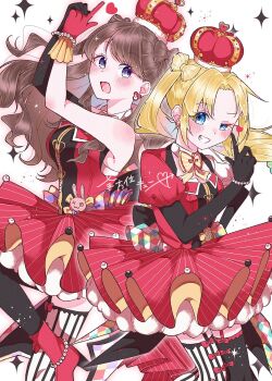 2girls :d arched_crown armpit_crease arms_up asymmetrical_gloves asymmetrical_sleeves bare_shoulders black_gloves black_thighhighs blue_eyes boots bow bow-shaped_hair bow_legwear breasts brown_hair commentary_request crown curtained_hair dress elbow_gloves feet_out_of_frame finger_gun fujishima_megumi garter_straps gloves grin half-closed_eye heart high_heel_boots high_heels highres large_breasts leg_up link!_like!_love_live! long_hair love_live! mismatched_gloves mismatched_sleeves mismatched_thighhighs multiple_girls official_alternate_costume open_mouth osawa_rurino parted_bangs puffy_short_sleeves puffy_sleeves purple_eyes red_boots red_bow red_crown red_dress red_gloves riarii_(h3c_ms_zzz3) short_dress short_sleeves smile sparkle striped_clothes striped_thighhighs thighhighs twintails two_side_up uneven_eyes uneven_gloves vertical-striped_clothes vertical-striped_thighhighs virtual_youtuber white_thighhighs zenhoi_kyun