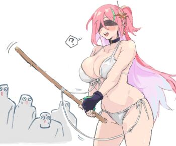 1girl 4others ? bikini black_collar black_gloves blindfold bloodshot_eyes blue_hair blush borrowed_character breasts cleavage collar colored_inner_hair commentary covered_eyes cowboy_shot crowd earrings fingerless_gloves fran_(plumeriafran) front-tie_bikini_top front-tie_top gloves green_gloves green_hair gya2021 hair_ornament holding holding_stick imminent_exposure jewelry large_breasts long_hair multicolored_gloves multicolored_hair multiple_others navel open_mouth original pink_hair purple_hair side-tie_bikini_bottom simple_background solo_focus spoken_question_mark standing star_(symbol) star_earrings star_hair_ornament stick suikawari sweat swimsuit two-tone_gloves white_background white_bikini