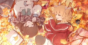 1girl 2girls airi_(blue_archive) autumn autumn_leaves bag black_hair black_scarf black_thighhighs blonde_hair blue_archive blush book bow chamoraile closed_eyes commentary_request food green_bow hair_bow highres hood hood_down hooded_jacket jacket leaf long_hair long_sleeves lying maple_leaf medium_hair missing_halo multiple_girls on_back on_side open_mouth pink_skirt pocky pocky_day red_jacket scarf school_bag shirt skirt thighhighs twintails white_bow white_shirt yoshimi_(blue_archive)