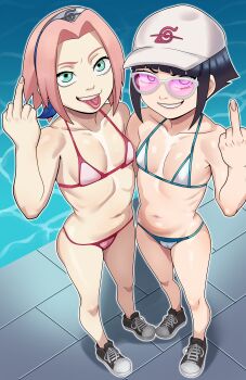 2girls absurdres bikini black_hair flat_chest freshnsfw glasses green_eyes grin haruno_sakura hat headband highres huge_filesize hyuuga_hinata loli looking_at_viewer micro_bikini middle_finger multiple_girls naruto_(series) naughty_face pink-tinted_eyewear pink_hair pool poolside shoes short_hair smile standing swimsuit teeth tinted_eyewear tongue tongue_out