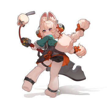 1girl absurdres animal_ear_fluff animal_ears braid chinese_commentary commentary from_behind full_body furry furry_female hair_ornament highres holding huge_weapon long_hair looking_back shio_(shiofeifei) skirt solo tail underwear weapon zenless_zone_zero zhao_(zenless_zone_zero)