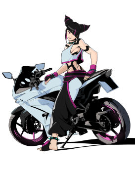 Rule 34 | 1girl, absurdres, anklet, aqua eyes, arm markings, bare shoulders, black chaps, black gloves, black hair, body markings, bracelet, breasts, choker, crop top, diagonal bangs, erzomori, full body, gloves, hair horns, hair over one eye, han juri, heterochromia, highres, jewelry, medium breasts, midriff, motor vehicle, motorcycle, multicolored gloves, multicolored hair, on motorcycle, open-toe shoes, pants, parted lips, pink eyes, pink gloves, pink hair, pink trim, shirt, sideboob, smile, solo, spiked anklet, spiked bracelet, spiked choker, spikes, streaked hair, street fighter, street fighter 6, two-tone gloves, updo, white background, white pants, white shirt