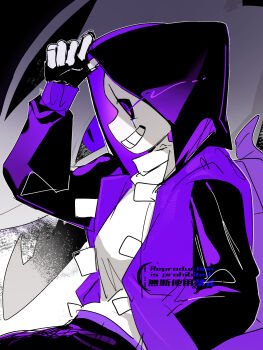 1boy :d alternate_universe arm_up black_gloves black_hood black_pants black_sclera black_sleeves colored_sclera commentary_request cowboy_shot epictale fingerless_gloves flaming_eye from_side gloves grey_background grin hand_in_pocket highres hood hood_up hooded_jacket jacket long_sleeves looking_ahead male_focus open_clothes open_jacket open_mouth outline pants profile puffy_long_sleeves puffy_sleeves purple_eyes purple_jacket r_5140 raglan_sleeves sans_(undertale) scar scar_across_eye scar_on_face simple_background skeleton smile solo standing sweater turtleneck turtleneck_sweater undertale utdr_(toby_fox) watermark white_outline white_sweater