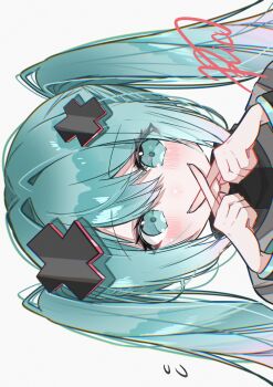 Rule 34 | 1girl, absurdres, aqua eyes, aqua hair, aqua nails, batsu miku, commentary request, fingernails, grey background, grey jacket, hair between eyes, hair ornament, hatsune miku, highres, index finger raised, jacket, kowareta sekai to utaenai miku, long sleeves, looking at viewer, nail polish, project sekai, ria art, simple background, solo, turtleneck, turtleneck jacket, vocaloid, x hair ornament