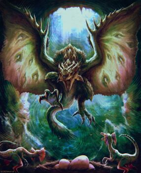 absurdres artist_name cave chin_spike claws dragon egg flying green_scales highres jaggi leaf monster monster_focus monster_hunter_(series) nest no_humans open_mouth pointy_ears rathian roaring sharp_teeth solid_eyes spiked_tail spiked_wings spread_wings tail teeth uchi_vs_the_world watermark wind wyvern yellow_eyes