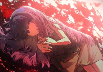 1girl absurdres bare_arms bare_shoulders blunt_bangs child chinese_commentary circon commentary_request cowboy_shot dress dutch_angle expressionless eyes_visible_through_hair fingernails furude_rika grey_dress hair_spread_out hand_on_own_arm highres higurashi_no_naku_koro_ni lens_flare long_hair looking_at_viewer lying neck_ribbon on_side outdoors parted_lips pleated_dress purple_eyes purple_hair purple_ribbon red_sky ribbon short_dress sky solo sundress tareme very_long_hair