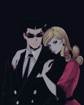 1boy 1girl angel_(big_o) black_background black_eyes black_hair black_jacket black_necktie blonde_hair choker closed_mouth coat earrings eyelashes hetero highres hug jacket jewelry long_hair long_sleeves looking_at_viewer megadeus_mommy necktie pink_choker pink_coat red_nails roger_smith shirt sunglasses the_big_o white_shirt