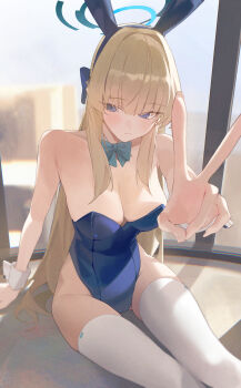 1girl animal_ear_hairband animal_ears bare_shoulders blonde_hair blue_archive blue_bow blue_bowtie blue_eyes blue_halo blue_leotard bow bowtie breasts cleavage closed_mouth collarbone fake_animal_ears hairband halo highres large_breasts leotard long_hair playboy_bunny rabbit_ear_hairband rabbit_ears sitting solo thighhighs toki_(blue_archive) toki_(bunny)_(blue_archive) v very_long_hair white_thighhighs window wrist_cuffs yidh_79