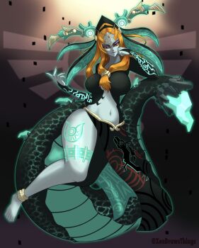 1girl black_skin blue_skin breasts colored_sclera colored_skin eyeshadow front_ponytail highres large_breasts large_tail makeup midna midna_(true) multicolored_skin nintendo orange_hair purple_eyeshadow purple_lips solo tail the_legend_of_zelda the_legend_of_zelda:_twilight_princess thick_tail two-tone_skin xennie yellow_sclera