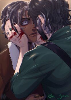 2boys absurdres bags_under_eyes beard blackberreh-art blood design_speculation elias_bouchard eyelashes facial_hair green_pupils grey_hair highres jacket jewelry jonathan_sims lips male_focus multicolored_hair multiple_boys ring short_hair the_magnus_archives two-tone_hair yaoi