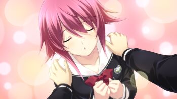 :o ahoge black_dress blurry blurry_background bokeh bow breasts chaos;child chest_bow closed_eyes collarbone cropped_jacket depth_of_field dress fingernails game_cg hair_between_eyes hekiho_academy hekiho_academy_school_uniform highres imminent_kiss long_sleeves medium_breasts miyashiro_takuru non-web_source official_art onoe_serika open_mouth own_hands_together pink_background pink_hair pov red_bow sailor_collar sailor_shirt sasaki_mutsumi school_emblem science_adventure shirt short_hair_with_long_locks shoulder_grab white_sailor_collar