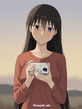 Rule 34 | 1girl, absurdres, azumanga daiou, black hair, blurry, blurry background, camera, closed mouth, commentary request, gradient sky, hair between eyes, hands up, head tilt, highres, holding, holding camera, light blush, long hair, long sleeves, looking at viewer, naoyuki arts, outdoors, red sweater, sakaki (azumanga daioh), sky, smile, solo, straight-on, sweater, textless version, twilight, twitter username, upper body, very long hair