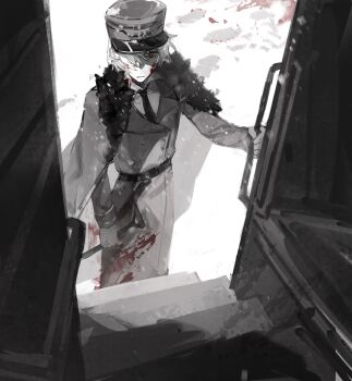 1boy andrew_kreiss andrew_kreiss_(train_conductor) belt blood blood_on_face blood_on_ground coat empty_eyes expressionless fur-trimmed_jacket fur_trim gaozhouyong greyscale hair_over_one_eye hat highres identity_v jacket jacket_on_shoulders kepi male_focus military_hat monochrome necktie official_alternate_costume red_eyes shaded_face shovel solo spot_color train_interior