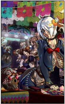 3girls absurdres angel_(kof) ass blue_eyes bodypaint breasts costume curvy female_focus highres huge_breasts jabeloart jaestar jaestarj large_breasts mirror multiple_girls pale_skin shiranui_mai short_hair the_king_of_fighters thick_thighs thighs white_hair yuri_sakazaki