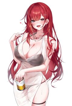 1girl akane_lize bare_arms bare_shoulders bikini bikini_under_clothes black_bikini black_eyes breasts cleavage collarbone commentary covered_navel cowboy_shot cup dress earrings fangs hair_ornament hairclip highres holding holding_cup jewelry large_breasts long_hair looking_at_viewer mole mole_on_cheek multicolored_hair necklace open_mouth red_hair see-through_clothes see-through_dress side_slit sidelocks simple_background skindentation smile solo soymilk_arts2 stellive streaked_hair sweat swimsuit symbol-only_commentary thigh_strap thighs very_long_hair virtual_youtuber wet wet_clothes wet_dress white_background white_dress