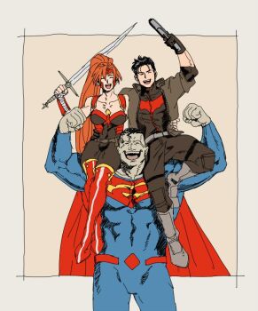 amazon_warrior artemis_of_bana-mighdall bat_signal batman_(series) batman_symbol belt bizarro_ii black_bodysuit black_gloves black_hair bodysuit brown_jacket commentary dc_comics gloves grey_bodysuit jacket jason_todd long_hair multicolored_bodysuit multiple_boys muscular muscular_male okota_to_tv open_clothes red_hood_(dc) red_hood_and_the_outlaws short_hair simple_background superhero_costume taut_bodysuit two-tone_bodysuit utility_belt