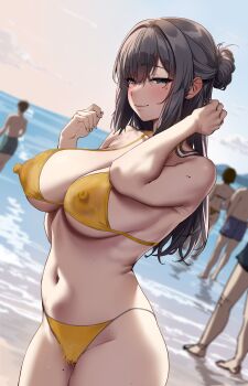 Rule 34 | 2girls, 3boys, absurdres, beach, bikini, black hair, blue eyes, blush, bodypaint, breasts, closed mouth, cloud, commentary request, covered navel, evening, female pubic hair, highres, jack dempa, large breasts, long hair, looking at viewer, miyamae shiho (jack dempa), mole, mole on shoulder, mole on thigh, mole under eye, multiple boys, multiple girls, naked paint, navel, ocean, original, outdoors, painted clothes, pubic hair, smile, solo focus, standing, stomach, swimsuit, yellow bikini