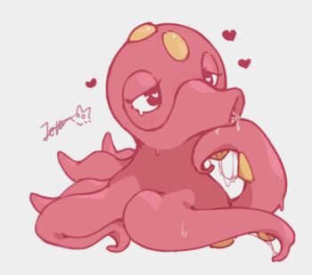 Rule 34 | animal focus, animal sexualization, artist name, black eyes, blush, bright pupils, drooling, fu li jiang, full body, gen 2 pokemon, grey background, half-closed eyes, hand on own chin, heart, heart-shaped pupils, looking afar, nintendo, no humans, nose blush, octillery, octopus, open mouth, pokemon, pokemon (creature), saliva, signature, simple background, solo, sweat, symbol-shaped pupils, tentacles, white pupils