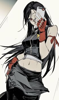 1girl apron arm_ribbon bare_shoulders black_apron black_hair black_shorts black_vest breasts closed_mouth cloud_strife covering_face cowboy_shot crop_top crow0cc dissidia_final_fantasy dissidia_final_fantasy_nt final_fantasy final_fantasy_vii final_fantasy_vii_advent_children fingerless_gloves gloves highres holding holding_phone light_blush long_hair looking_at_viewer medium_breasts midriff mirror_selfie navel phone phone_over_face red_eyes red_gloves red_ribbon ribbon selfie shorts smile solo swept_bangs tank_top tifa_lockhart vest waist_apron white_tank_top