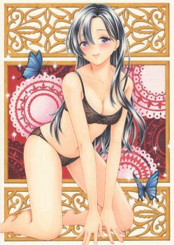 1girl absurdres barefoot black_bra black_hair black_panties blindfold bra breasts bug butterfly cleavage closed_mouth collarbone commentary forehead full_body grey_eyes highres insect kneeling lace lace_bra lace_panties large_breasts leaning_forward lingerie long_hair looking_at_viewer marker_(medium) midori_(mira567) navel original panties smile solo sparkle traditional_media underwear underwear_only