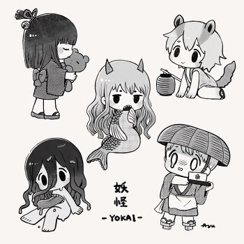0_0 2boys 3girls animal_ears ayu_(mog) barefoot bell chibi chibi_only closed_mouth commentary commentary_request double-parted_bangs english_commentary geta greyscale hair_bell hair_between_eyes hair_ornament hat holding holding_stuffed_toy horns japanese_clothes kimono long_hair long_hair_between_eyes long_sleeves mermaid mixed-language_commentary monochrome monster_girl multiple_boys multiple_girls nude obi open_mouth original romaji_commentary sandals sash shirt short_hair sleeveless sleeveless_shirt solid_oval_eyes stomach_mouth stuffed_animal stuffed_toy tail teardrop teddy_bear wide_sleeves