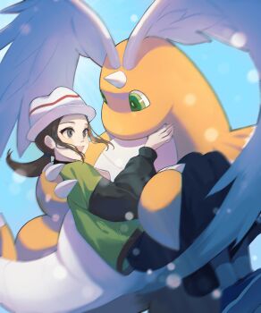 1girl :d absurdres black_pants blue_shoes blurry brown_hair carrying commentary day depth_of_field dragonite gen_1_pokemon happy harmony_(pokemon) hat highres hoshizora_(hoxisola) jacket long_hair long_sleeves mega_dragonite nintendo open_mouth outdoors pants pokemon pokemon_(creature) pokemon_legends:_z-a shoes smile socks white_hat