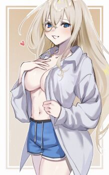 1girl asupa_mayo0210 blonde_hair blue_eyes blue_shorts border breasts brown_background check_copyright cleavage collared_shirt commentary_request commission copyright_request cowboy_shot dolphin_shorts drawstring grin hand_on_own_chest heart highres large_breasts long_hair long_sleeves looking_at_viewer monocle navel no_bra open_clothes open_shirt original shirt shorts skeb_commission smile solo spoken_heart standing white_border white_shirt
