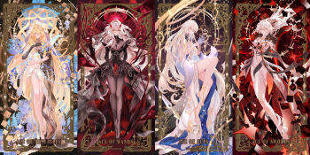 4girls absurdres armor artist_name asmoday_(genshin_impact) black_dress black_pantyhose blonde_hair blue_gloves braid breasts card character_name chinese_commentary closed_mouth commentary_request diamond_(gemstone) disembodied_eye dress energy english_text fantasy floating floating_clothes floating_hair floating_object gauze genshin_impact gloves grey_hair greyscale halo highres holding holding_weapon hourglass istaroth_(genshin_impact) japanese_armor legs leotard li0n_(kongshushiwo) long_hair looking_at_viewer medium_breasts monochrome multiple_girls open_mouth own_hands_together pantyhose picture_frame qungua red_dress rhinedottir_(genshin_impact) ribbon ribbon_trim ronova_(genshin_impact) rubik's_cube sand see-through_clothes shoulder_armor signature silk sitting skinny sleeve_cuffs sode standing star_(symbol) tarot tarot_card very_long_hair waist_cape weapon white_dress white_hair white_pantyhose yellow_eyes