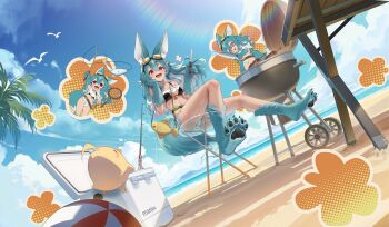 1girl absurdres animal_ear_fluff animal_ears animal_feet animal_hands aqua_fur aqua_hair aqua_tail atelier_(series) atelier_yumia azur_lane baby_animal bag ball bare_shoulders barefoot beach beach_chair beachball belt bikini bird black_bikini blue_sky blush breasts chair chibi chick claws cleavage cloud cloudy_sky cooking cooler crossed_bangs day dutch_angle fang fish fishing fishing_line fishing_rod flower folding_chair food goggles goggles_on_head grill hair_between_eyes highres holding holding_fishing_rod horizon imagining large_tail lenja lenja_(summer_vacation_time) long_hair manjuu_(azur_lane) medium_breasts monster_girl multicolored_hair multicolored_tail navel non-web_source ocean official_alternate_costume official_art open_mouth outdoors palm_tree red_eyes ribbon sand seagull sidelocks sitting sky smile soles solo sun swimsuit table tail teeth thighs tree two-tone_hair upper_teeth_only very_long_hair water white_bikini wolf_ears wolf_girl wolf_tail
