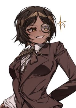 1girl arm_behind_back brown_hair brown_jacket grin highres jacket lapels limbus_company monocle neck_ribbon notched_lapels orange_eyes outis_(project_moon) project_moon ribbon short_hair simple_background smile solo suillus white_background wuthering_heights_(identity)_(project_moon) yellow_ribbon