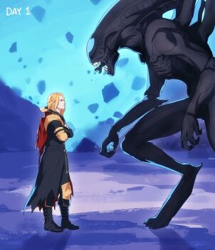 Rule 34 | 1boy, 1other, alien (1979), alien (series), black boots, black coat, blonde hair, boots, cape, coat, crossed arms, crossover, final fantasy, final fantasy xiv, floating rock, from side, garlean, height difference, highres, male focus, open mouth, profile, red cape, standing, tongue, tongue out, xenomorph, zenos yae galvus, zhyphenth