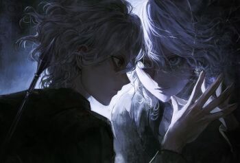 Rule 34 | 1boy, broken mirror, brown eyes, danganronpa (series), danganronpa 2: goodbye despair, grey hair, hair between eyes, hand up, highres, komaeda nagito, male focus, medium hair, mirror, polearm, seapall, solo, spear, weapon, white hair
