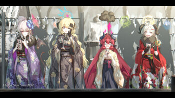 4girls absurdres akari_(blue_archive) alternate_costume black_horns black_kimono blonde_hair blue_archive blue_halo curled_horns day demon_girl demon_horns gourmet_research_society_(blue_archive) green_halo halo haruna_(blue_archive) highres horns izumi_(blue_archive) japanese_clothes junko_(blue_archive) kimono long_hair looking_at_viewer multiple_girls new_year outdoors red_eyes red_hair red_halo red_kimono shadow smile sunnysideup twintails white_kimono yellow_halo