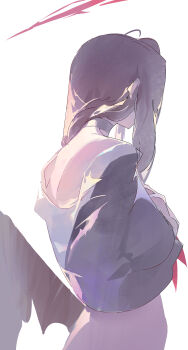 1girl absurdres black_choker black_hair black_shirt black_wings blue_archive choker dokshuri facing_away halo hasumi_(blue_archive) highres nape school_uniform serafuku shirt simple_background solo upper_body white_background wings