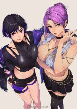 Rule 34 | 2girls, absurdres, arm around shoulder, arm under breasts, artist name, bare shoulders, black choker, black gloves, black hair, black shorts, black skirt, black thighhighs, blue eyes, breasts, choker, cleavage, closed mouth, commentary request, crop top, dead or alive, dead or alive xtreme, dead or alive xtreme venus vacation, elise (doa), fingerless gloves, gloves, grey background, hair bun, hand on own hip, hand up, highres, jacket, jewelry, kagematsuri, large breasts, looking at viewer, midriff, multicolored hair, multiple girls, necklace, parted lips, purple hair, purple jacket, reina (tekken), shirt, short hair, shorts, simple background, skirt, sleeveless, sleeveless shirt, smile, standing, tekken, tekken 8, thighhighs, two-tone hair, voice actor connection, white shirt, zettai ryouiki