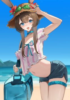 1girl :d absurdres adjusting_clothes adjusting_headwear alternate_costume amiya_(arknights) amiya_(summer)_(arknights) animal_ears aqua_bag aqua_ribbon arknights bag beach blue_eyes blue_shorts blue_sky brown_hair cowboy_shot cropped_shirt ears_through_headwear flower frilled_shirt frills hair_between_eyes hat highres infection_monitor_(arknights) jewelry long_hair looking_at_viewer multiple_rings navel ocean open_mouth outdoors pink_shirt rabbit_ears rabbit_girl red_flower remapack77 ribbon ring sand shirt short_shorts short_sleeves shorts single_bare_shoulder sky smile solo straw_hat striped_clothes striped_shirt thigh_strap vertical-striped_clothes vertical-striped_shirt white_shirt