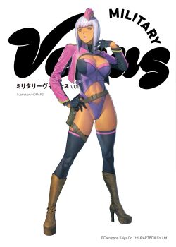 1girl :o absurdres artist_name beige_skin belt bodysuit boots breasts english_text full_body gloves has_a_figure hat high_heels highres homare_(fool's_art) jacket large_breasts latex military_uniform original thighhighs white_hair yellow_eyes zipper