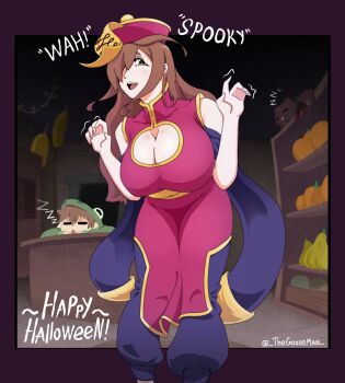 1boy 1girl animal_costume bare_shoulders breasts brown_eyes brown_hair cleavage_cutout clothing_cutout cosplay darkstalkers frog_costume halloween hat highres hsien-ko hsien-ko_(cosplay) ivan_the_goose kono_subarashii_sekai_ni_shukufuku_wo! large_breasts long_hair looking_at_viewer one_eye_covered pants satou_kazuma shirt sleeveless slipping wiz_(konosuba) zzz