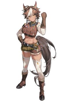 1girl absurdres ahoge american_flag animal_ears artist_request belt black_belt boots breast_pocket breasts brown_boots brown_eyes brown_gloves brown_hair brown_shorts buttons carrot closed_mouth commentary english_commentary gloves highres horse_ears horse_girl horse_tail midriff multicolored_hair navel pocket pouch second-party_source shorts solo star_(symbol) star_in_eye streaked_hair symbol_in_eye tail thighhighs tomoe_umari torn_clothes torn_thighhighs v-dere white_background white_hair white_thighhighs