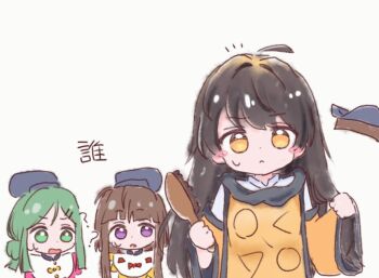3girls :< ? ?? ahoge alternate_hair_color black_hair black_hat blonde_hair blunt_bangs blush_stickers bow brown_hair buttons clenched_hands closed_mouth commentary_request constellation_print detached_sleeves green_eyes green_hair hair_brush hair_bun hands_up hat holding holding_hair_brush long_hair long_sleeves looking_at_another looking_up matara_okina multicolored_hair multiple_girls nishida_satono notice_lines okina's_natural_hair_color open_mouth orange_eyes orange_sleeves orange_tabard purple_eyes red_bow shirt short_hair_with_long_locks sidelocks simple_background streaked_hair sweatdrop tabard teireida_mai touhou uiwateko unworn_hat unworn_headwear upper_body white_background white_shirt wide_sleeves yellow_bow