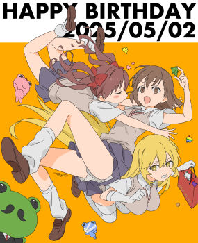 3girls :d artist_name bag blonde_hair breasts bright_pupils brown_eyes brown_hair brown_shoes brown_sweater_vest brown_vest collared_shirt commentary_request dated full_body gekota gekota_(character) grimace hair_ribbon hands_up happy_birthday heart highres holding holding_bag kneehighs large_breasts long_hair loose_socks medium_hair miniskirt misaka_mikoto multiple_girls no_emblem open_mouth pyonko rainbow_gekota red_bag red_ribbon ribbon school_uniform shirai_kuroko shirt shoes shokuhou_misaki shorts shorts_under_skirt skirt smile socks star-shaped_pupils star_(symbol) summer_uniform sweater_vest symbol-shaped_pupils teruya_(6w6y) thighhighs toaru_kagaku_no_railgun toaru_majutsu_no_index tokiwadai_school_uniform twintails very_long_hair vest white_shirt white_socks white_thighhighs yellow_pupils