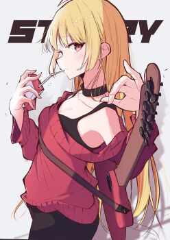 1girl absurdres aomoringo black_collar black_pants black_sports_bra blonde_hair bocchi_the_rock! breasts cleavage closed_mouth collar collarbone commentary_request drinking drinking_straw guitar hands_up highres holding holding_juice_box ijichi_seika instrument juice_box long_hair long_sleeves looking_at_viewer looking_to_the_side off-shoulder_sweater off_shoulder pants red_eyes red_sweater shadow sideways_glance simple_background solo sports_bra standing straight_hair sweater very_long_hair white_background