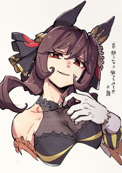 Rule 34 | 1girl, animal ears, breasts, brown hair, cleavage, commentary request, detached sleeves, ear covers, ear ornament, gentildonna (regina dei fiori) (umamusume), gentildonna (umamusume), gloves, gold embroidery, hair between eyes, hair ornament, heart ear ornament, highres, horse ears, horse girl, large breasts, long hair, looking at viewer, red eyes, see-through cleavage, see-through clothes, smile, solo, strong, takatsuki nato, umamusume, white gloves